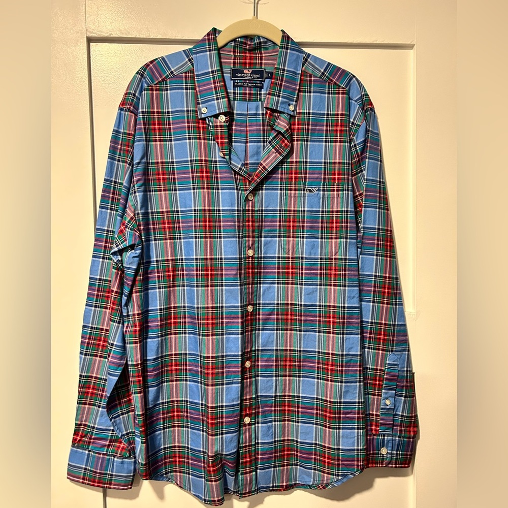 Vineyard Vines 100% Cotton blue plaid Classic Fit Tucker Shirt